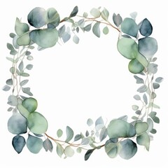 Watercolor Eucalyptus leaf frame for easy layering on white background. AI generated