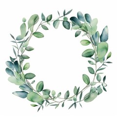 Watercolor Eucalyptus leaf frame for easy layering on white background. AI generated