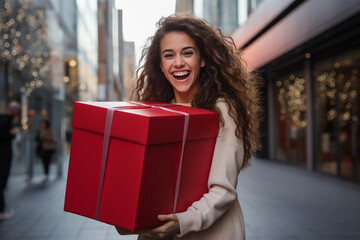 Attractive young girl smiling with happiness while she holds huge giant red Christmas gift box in...