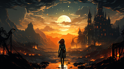 Fototapeta premium sunset in the mountains with castle