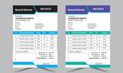 Creative, clean & modern corporate business's invoice design template within cool & smooth color variation