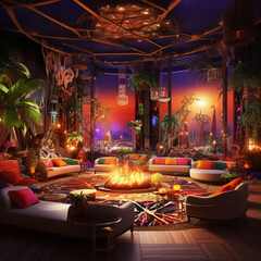 design a shisha lounge with 6 seasons themed, 6 different section, winter, summer, rain, autum, spring, monsoon, contemporary, modern