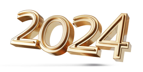 2024 new year golden metallic glossy isolated. gold color. - obrazy, fototapety, plakaty