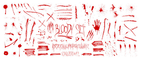 Bloody collection of red paint - cuts, splashes, drops, stains, splashes, traces of crime. Traces of blood of different type. Realistic views of red paint texture with great detail. Vector graphic set - obrazy, fototapety, plakaty