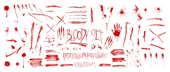 Poster Bloody collection of red paint - cuts, splashes, drops, stains, splashes, traces of crime. Traces of blood of different type. Realistic views of red paint texture with great detail. Vector graphic set © SergeyBitos