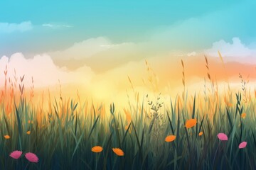 Sunny meadow with tall grass, blooming flowers, and a vivid sky. Background with space for text. Generative AI