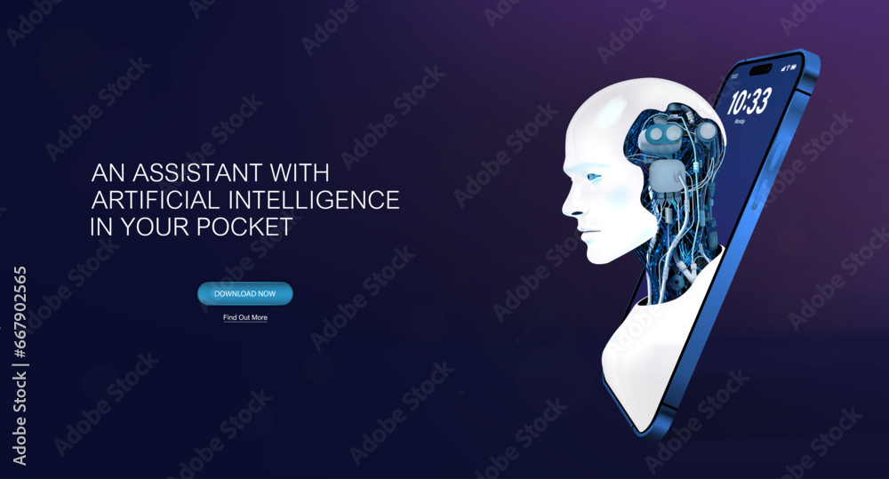 Poster Application with built-in artificial intelligence. 3D banner with a mobile phone and an android robot. Assistant, chat bot with AI. Neural network, artificial intelligence tools. 3D Vector AI banner