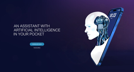 Application with built-in artificial intelligence. 3D banner with a mobile phone and an android robot. Assistant, chat bot with AI. Neural network, artificial intelligence tools. 3D Vector AI banner - obrazy, fototapety, plakaty