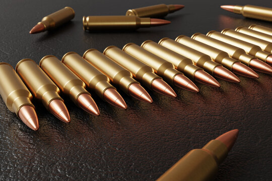 Row of machine gun bullets on black leather with some randomly scattered bullet casings as background. Illustration of the concept of military, militants and wars