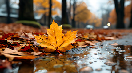 Folhas de outono na chuva - obrazy, fototapety, plakaty