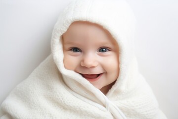 Adorable newborn baby wrapped in white blanket smiles with joy and happy. Small child. Portrait on white background with copy space. Advertising, Banner, Poster, Children's Store. Purity, innocence