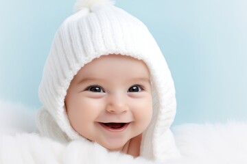 Charming newborn baby in white knitted cap or hood smiles joyfully. Small child. Portrait on soft blue background with copy space. Advertising, Banner, Poster, brochure, advertising. Children's Store