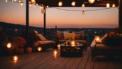Autumn evening on beautiful house roof terrace with cozy outdoor string lights and lanterns - obrazy, fototapety, plakaty