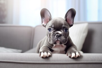 Cute purebred gray French bulldog puppy close up on gray sofa in well-lit, contemporary designed living room. With copy space. Pedigree dog. For banners, posters, advertisements, postcards.
