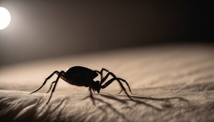 Parasitic insects indoors: Shadow of a spider or bed tick at night - obrazy, fototapety, plakaty