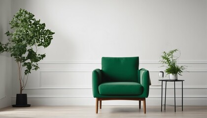 Fototapeta premium Scandinavian style living room featuring a green armchair and empty white wall