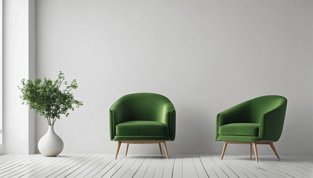 White wall background in a Scandinavian living room with green armchair