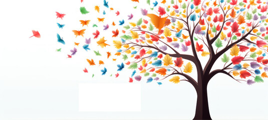 Banner. Mockup. Illustration of tree with colorful butterflies instead of leaves. On white background with copy space for text. Template. Peace Day, Health Day