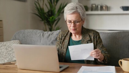 Online home banking - middle-aged senior woman with laptop, reading paper bill, managing finances, calculating taxes, planning loan debt, pension payment