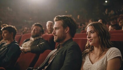 Fototapeta premium Portrait photograph of couple enjoying in a movie theatre embraced, romantic date, love