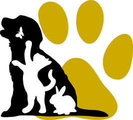 Vector logotype with black and white silhouettes of dog, cat, rabbit and butterfly with golden paw print suitable for veterinary clinic, animal shelter, pet shop or animal protection organizations