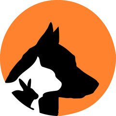 Vector isolated logotype with black silhouettes of dog, cat and rabbit on orange circular background suitable for veterinary clinic, animal shelter, pet shop or animal protection organizations