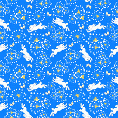 baby pattern with blue hares run among flowers and berries, a vector seamless pattern with silhouettes of cute rabbits