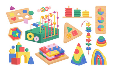 Montessori occupational toys set vector illustration. Cartoon isolated wood blocks and puzzle games for preschool kids, pedagogic therapy in kindergarten for fine motor activity and early development