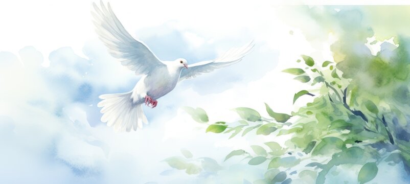 Delicate watercolor illustration for banner. White dove, bird of peace, flying against sky with green tree branch on the side. Pigeon. With copy space. Poster, advertising, presentation, brochure.