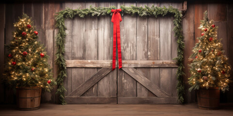 Red vintage rustic barn door, backdrop for photography, christmas trees with gifts and christmas decor - obrazy, fototapety, plakaty