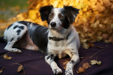 Jack Russell dog is sitting outside between autumn leaves