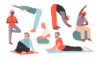 Cartoon isolated elder person doing active pilates poses and gymnastics, elderly happy man and woman stretch on mats. Physical exercises, sport and yoga of senior people set vector illustration
