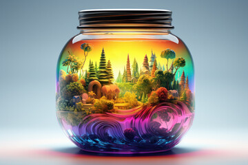 Fantastic illustration of small fairy-tale world of town with trees, lake, rainbow inside glass jar. Mystical beautiful settlement isolated in jar. Colorful fantasy art. postcard, book, scrapbooking