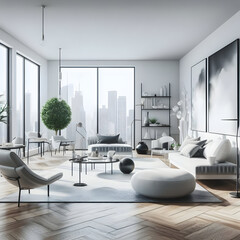Modern Minimalist Window Downtown City High Rise Skyscrapers View White Luxurious Spacious Penthouse Designer Living Room Interior Sofa Chairs Table Pillows & Rug Urban Life. Expensive Real Estate - obrazy, fototapety, plakaty