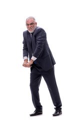 Old businessman holding penlight isolated on white