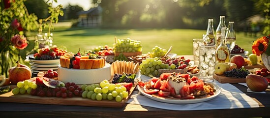 Summer outdoor banquet with a table of snacks canapes and fruits