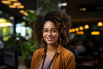 Fototapeta premium Portrait of happy young professional African American woman stands in office looking at camera, smiling just graduated from university student. Scholarship success job profession opportunity concept.