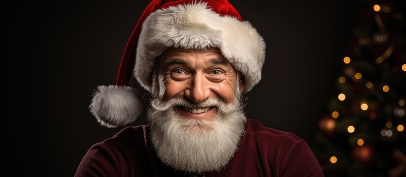 Santa Claus with his grey beard and white hair is taking a photo with his smartphone impressed by the best Christmas gift choices during the X mas season He is wearing a red cap and is isola