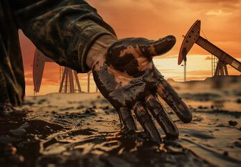 Oilfield Accident. Extraction of petroleum. Pumpjack on oilfield on sunset. Crude oil production. Hands of a worker in crude oil, oil spilled in hands of a worker during oil extraction at oilfield. - obrazy, fototapety, plakaty
