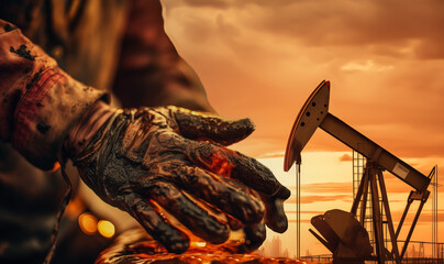 Oilfield Accident. Extraction of petroleum. Pumpjack on oilfield on sunset. Crude oil production. Hands of a worker in crude oil, oil spilled in hands of a worker during oil extraction at oilfield. - obrazy, fototapety, plakaty
