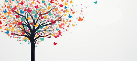 Banner. Mockup. Illustration of tree with colorful butterflies instead of leaves. On white background with copy space for text. Banner template for holiday, poster, brochure, postcard. Peace Day.