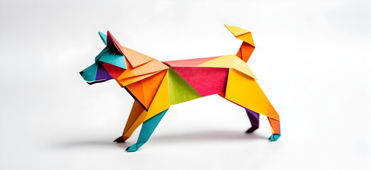 Generative AI. A multi-colored dog folded from paper is on a white background, an isolated object. Japanese art origami. Sweet toy, object of art. Bright blue, green, red, yellow colors