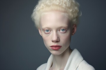 African American albino teenage boy with fair skin, white curly hair, blue eyes. In white half-faith. Looks at the camera. On a clean gray background. Portrait. Multinational. Diversity.
