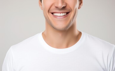 Handsome young white man in white T-shirt. Close up. White background. Copy space. Guy smiles widely. White beautiful teeth. Mockup, dentistry, medicine, health. Advertising for dental clinic.