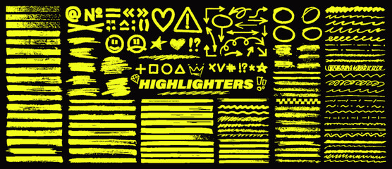 Underline highlighters, markers lines, symbols, arrows, rounds, sketch, punctuation marks, strokes and strikethroughs in hand-drawn style. Highlighters and sketch graphic set. School board. Vector set