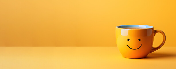 Happy tea with happy emoji face on big yellow cup on yellow background. The most happiest and...