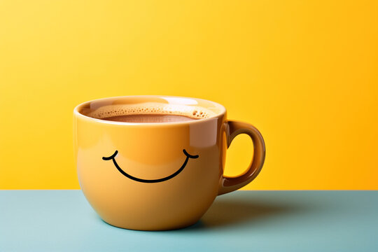 The most happiest and motivation day of the year. Copy space, empty place for text. Horizontal banner. Happy tea with happy emoji face on big yellow cup on yellow background.