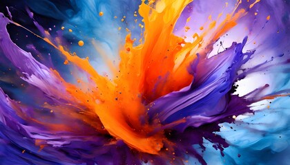A vivacious interplay of violet, orange, and cobalt creates an explosive burst of dynamic paint splash