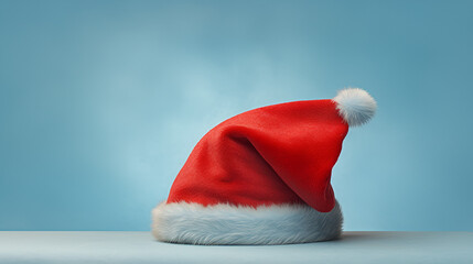 plain piture of santa merry christmas hat on blue background with copy space, 