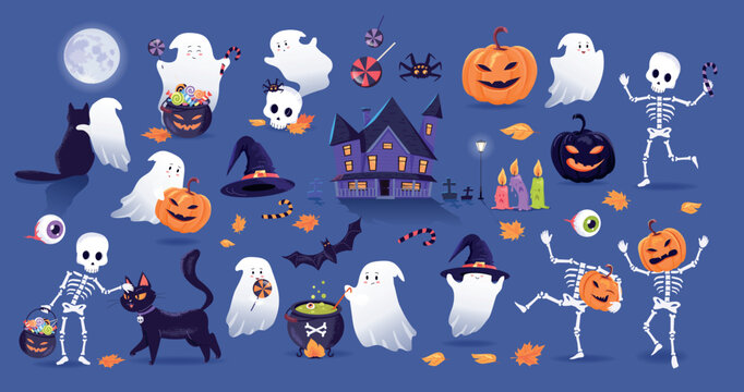 Funny cartoon Halloween charactres and decration vector illustration